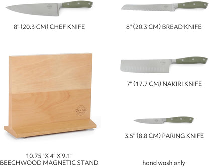 Kitchen Essentials 5 Piece German Steel Blade w/Triple Riveted Handle Set on Beechwood Magnetic Block - Linen White