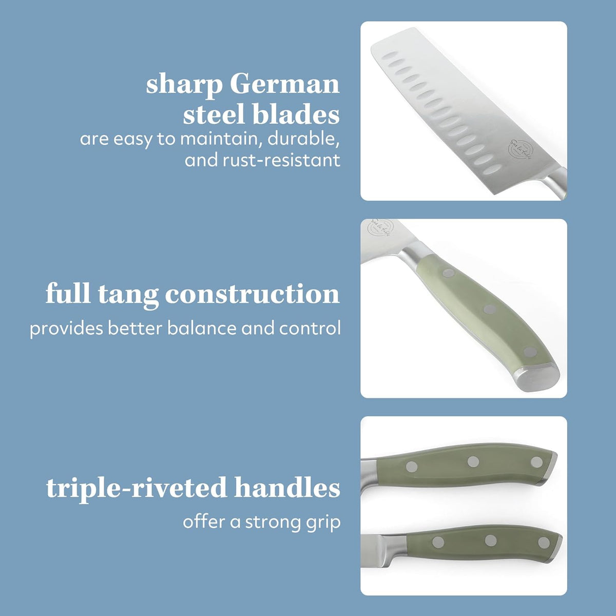 Kitchen Essentials 5 Piece German Steel Blade w/Triple Riveted Handle Set on Beechwood Magnetic Block - Linen White