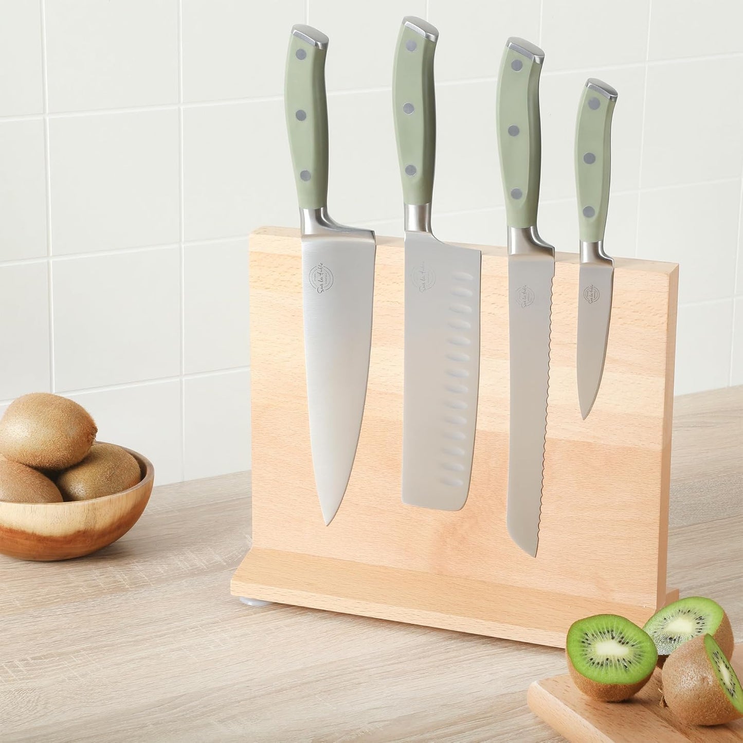 Kitchen Essentials 5 Piece German Steel Blade w/Triple Riveted Handle Set on Beechwood Magnetic Block - Linen White