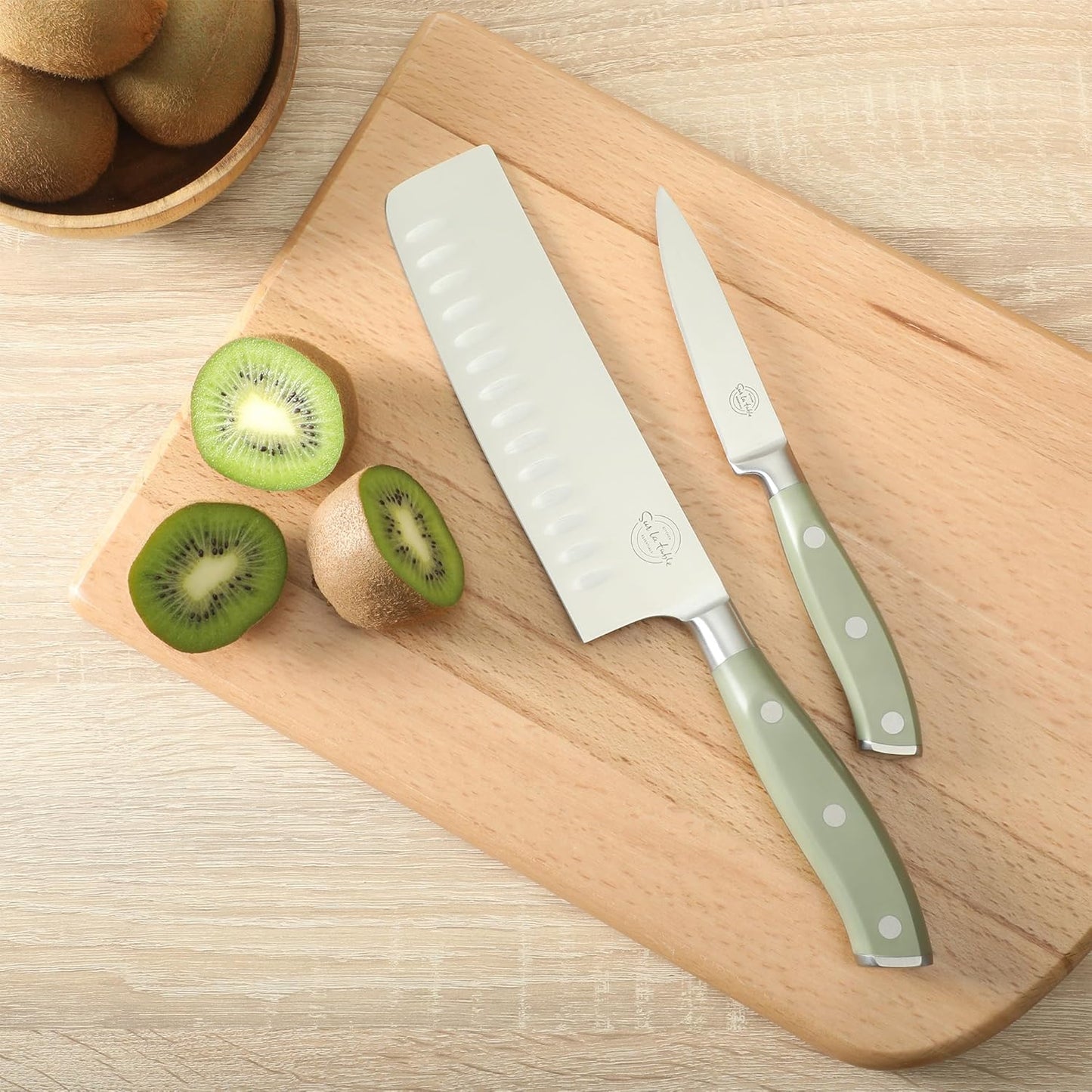 Kitchen Essentials 5 Piece German Steel Blade w/Triple Riveted Handle Set on Beechwood Magnetic Block - Linen White