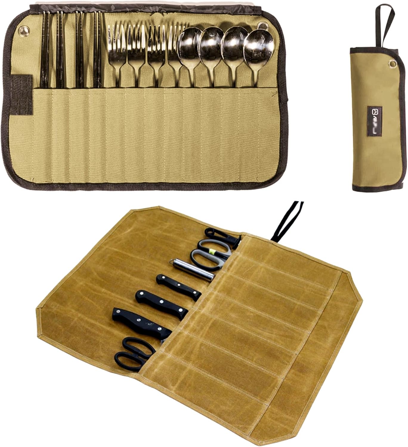 2-Pack Canvas Chef Knife Roll Bag | Portable Camping Utensil Bag | Knives Pouch Multiple Slots for Knives & Utensils, Roll-Up Design,Ideal for Camping, BBQ, Travel,Home & Professional Chefs