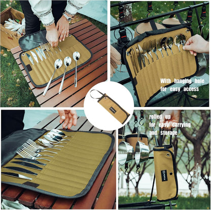 2-Pack Canvas Chef Knife Roll Bag | Portable Camping Utensil Bag | Knives Pouch Multiple Slots for Knives & Utensils, Roll-Up Design,Ideal for Camping, BBQ, Travel,Home & Professional Chefs