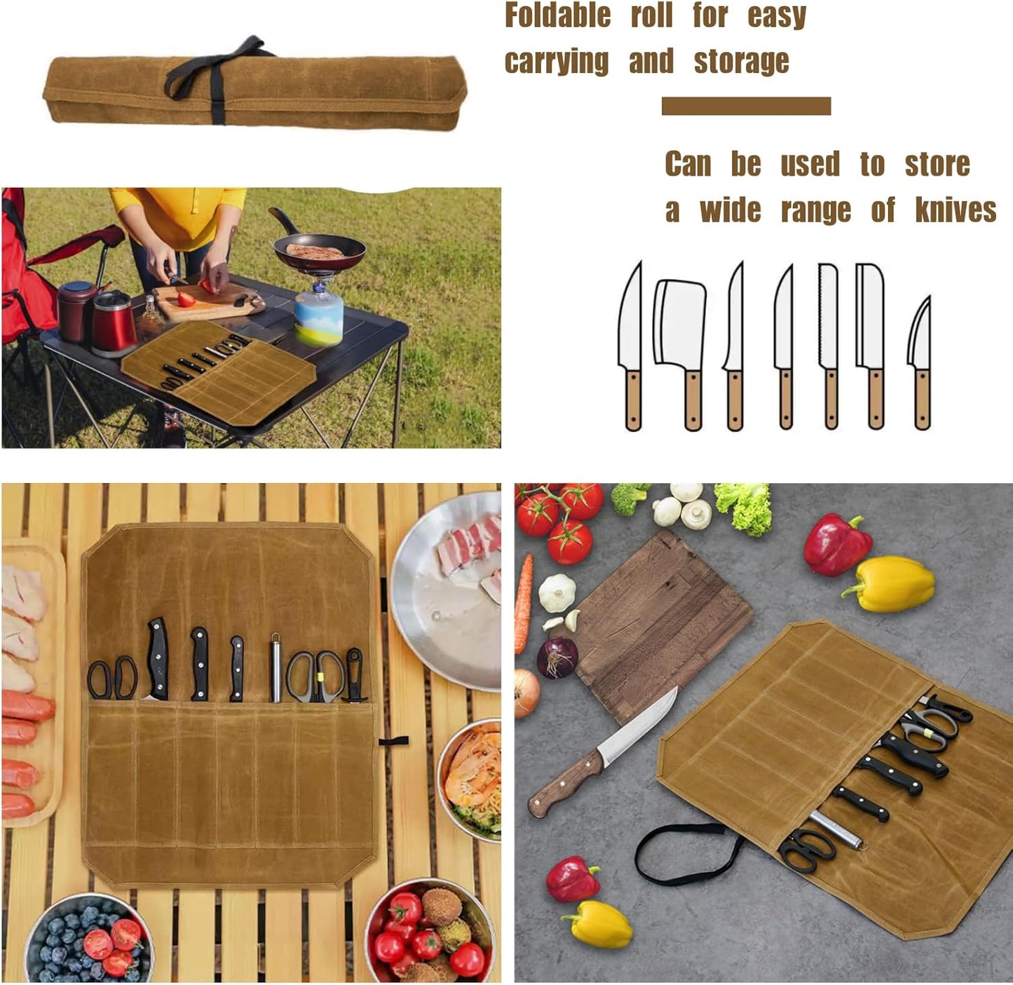 2-Pack Canvas Chef Knife Roll Bag | Portable Camping Utensil Bag | Knives Pouch Multiple Slots for Knives & Utensils, Roll-Up Design,Ideal for Camping, BBQ, Travel,Home & Professional Chefs