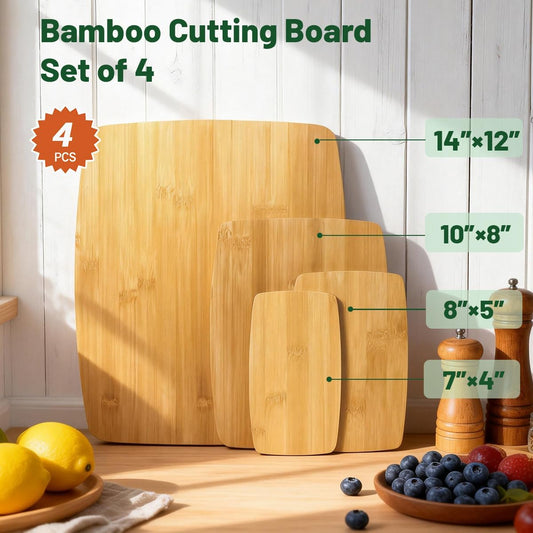 Bamboo Cutting Board Set of 4, 14"x12" | Wide Surface for Meat Vegetable Prep, Double-Sided Wooden Kitchen Cutting Board, Easy to Clean & Maintain