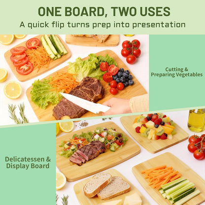 Bamboo Cutting Board Set of 4, 14"x12" | Wide Surface for Meat Vegetable Prep, Double-Sided Wooden Kitchen Cutting Board, Easy to Clean & Maintain