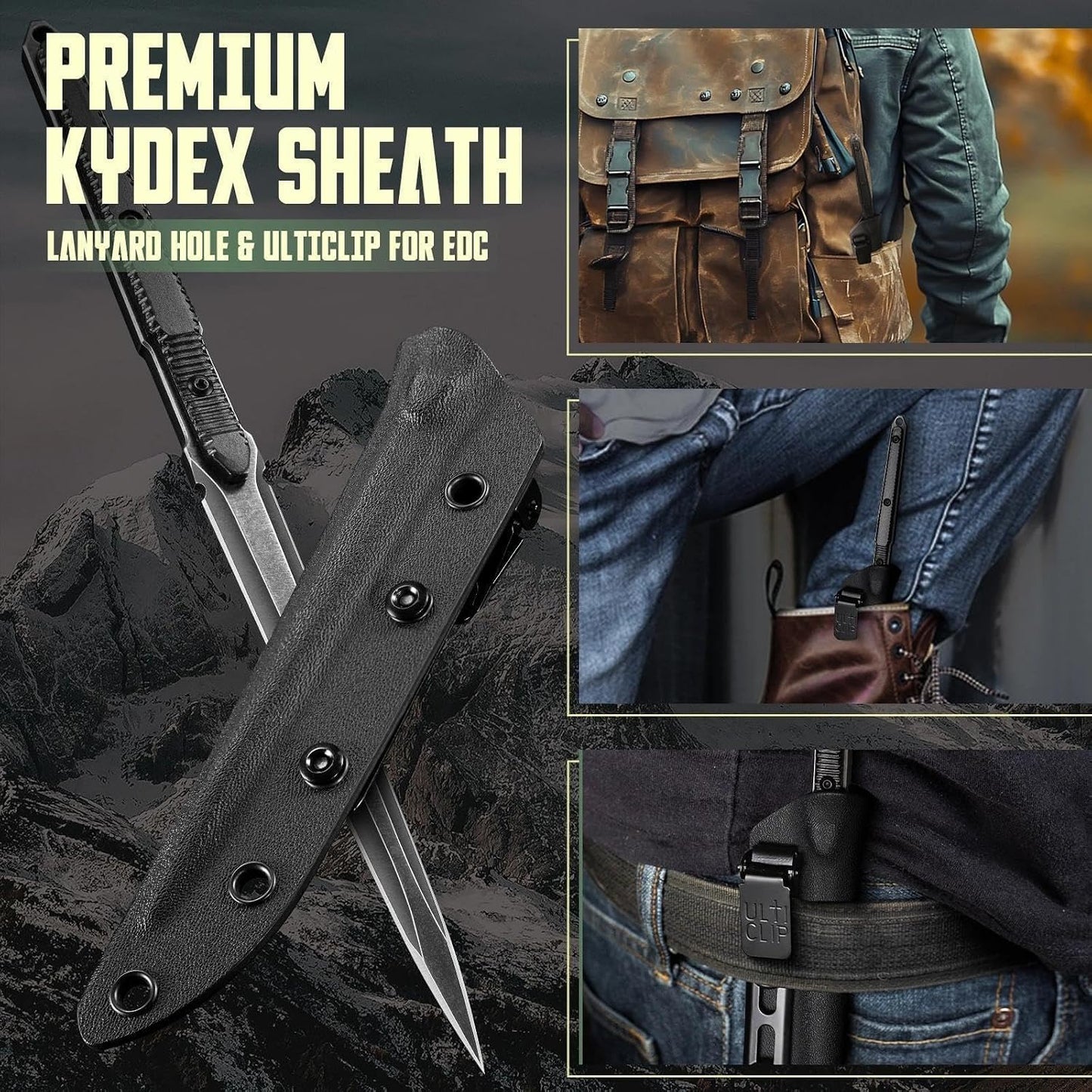 9.4in Fixed Blade Knife with Kydex Sheath | Full Tang 440C Stainless Steel Knife, Outdoor Camping Survival Knife for Men