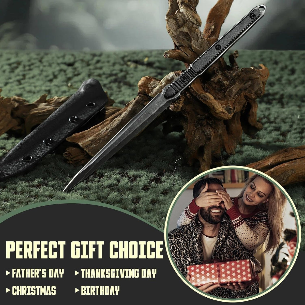 9.4in Fixed Blade Knife with Kydex Sheath | Full Tang 440C Stainless Steel Knife, Outdoor Camping Survival Knife for Men