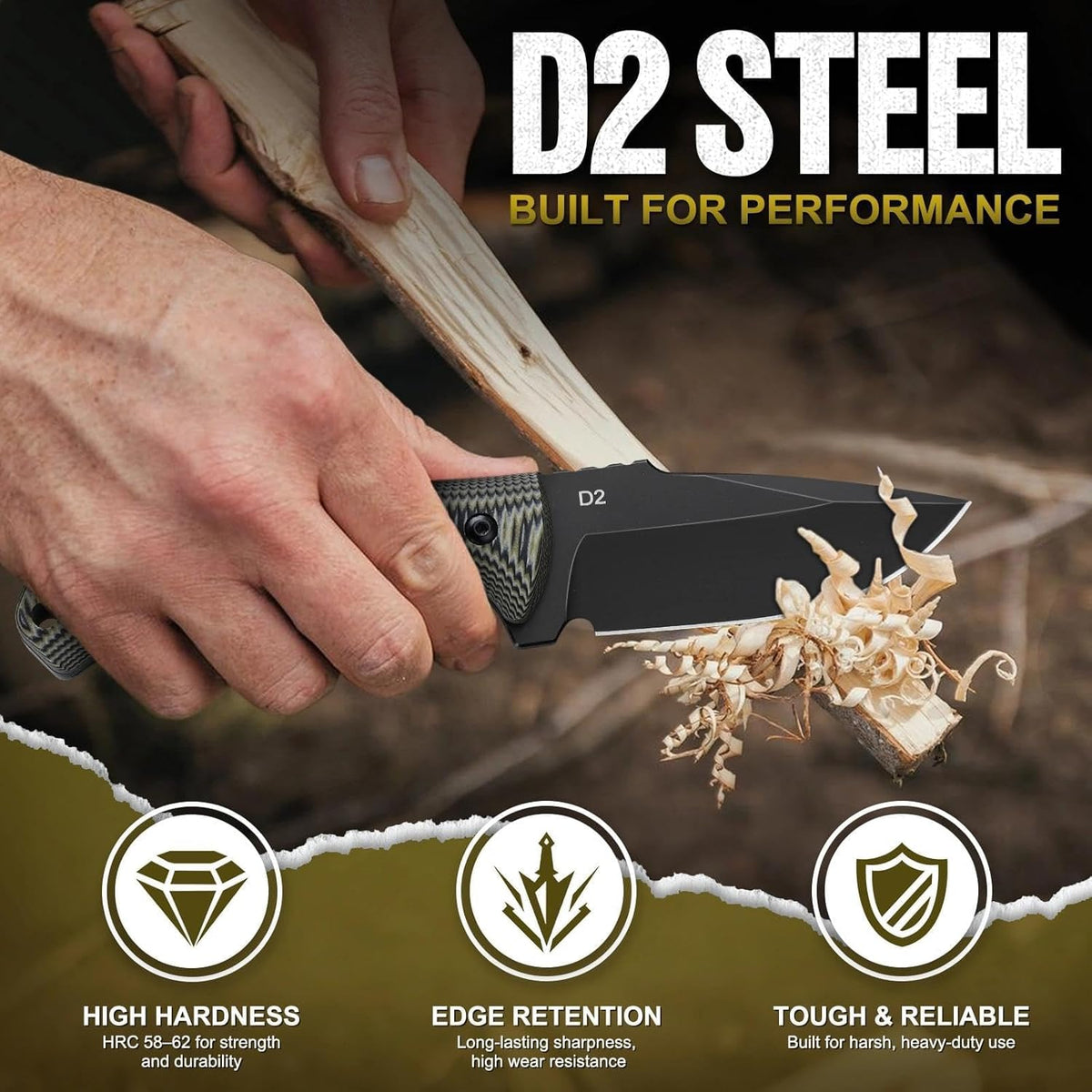 9.4in Fixed Blade Knife with Kydex Sheath | Full Tang 440C Stainless Steel Knife, Outdoor Camping Survival Knife for Men