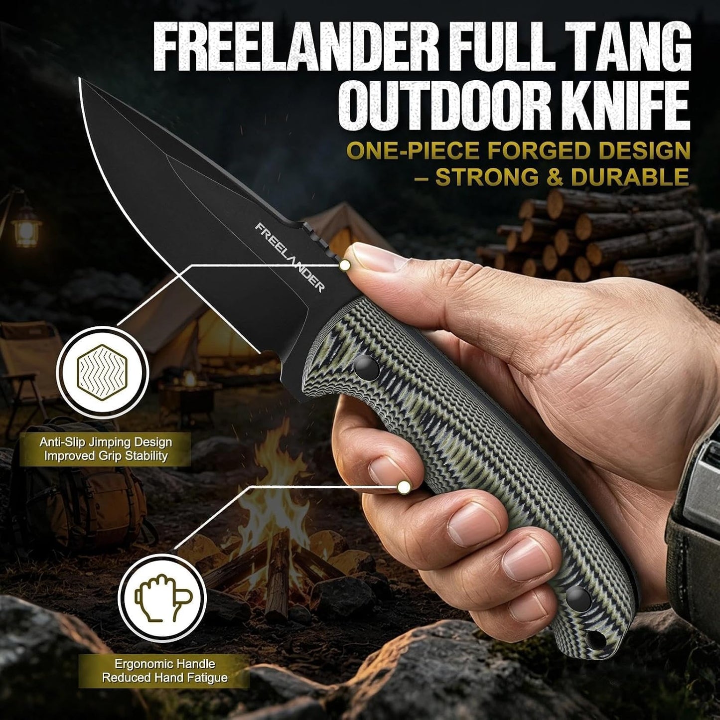 9.4in Fixed Blade Knife with Kydex Sheath | Full Tang 440C Stainless Steel Knife, Outdoor Camping Survival Knife for Men