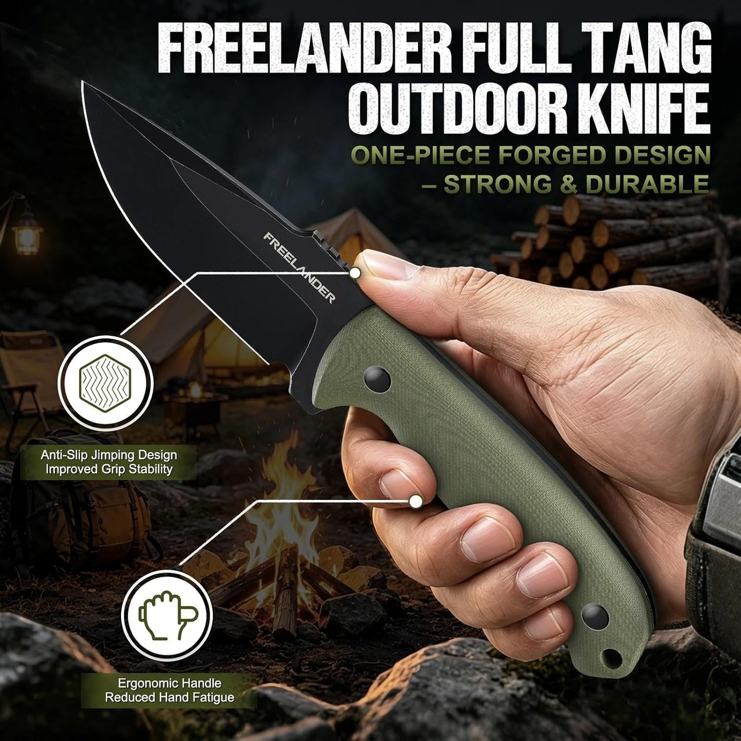 9.4in Fixed Blade Knife with Kydex Sheath | Full Tang 440C Stainless Steel Knife, Outdoor Camping Survival Knife for Men