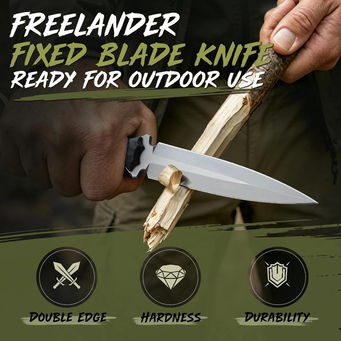 9.4in Fixed Blade Knife with Kydex Sheath | Full Tang 440C Stainless Steel Knife, Outdoor Camping Survival Knife for Men