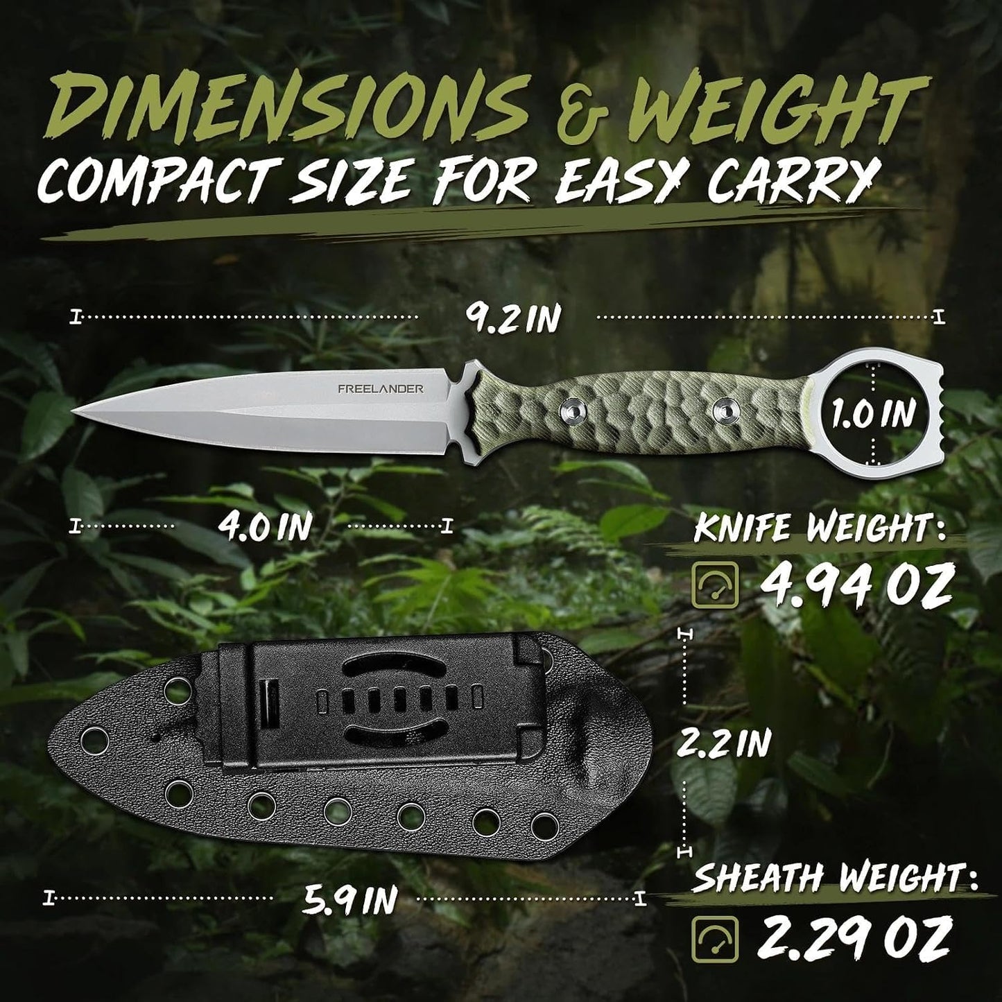 9.4in Fixed Blade Knife with Kydex Sheath | Full Tang 440C Stainless Steel Knife, Outdoor Camping Survival Knife for Men