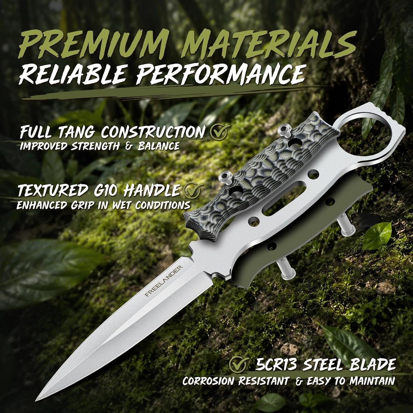 9.4in Fixed Blade Knife with Kydex Sheath | Full Tang 440C Stainless Steel Knife, Outdoor Camping Survival Knife for Men
