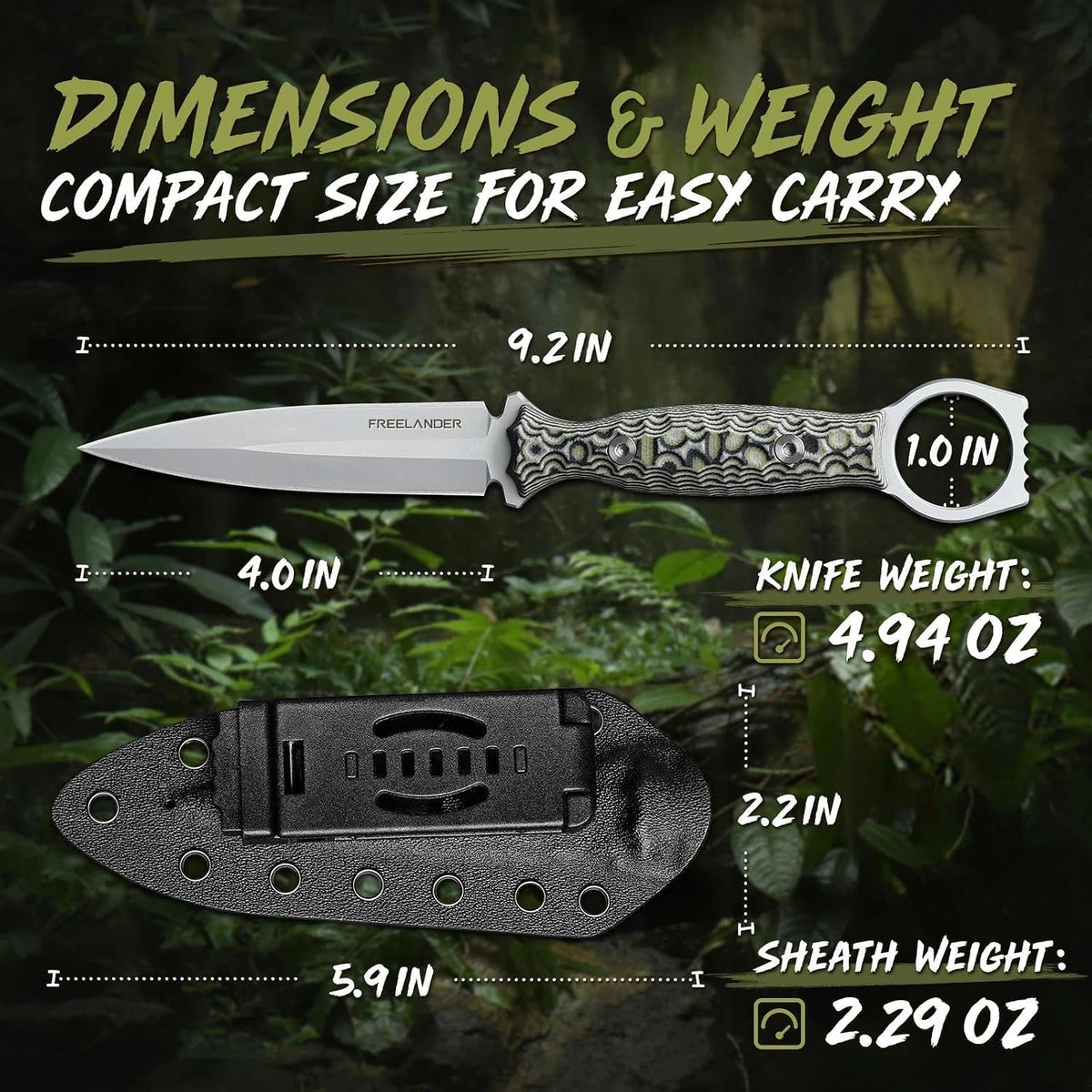 9.4in Fixed Blade Knife with Kydex Sheath | Full Tang 440C Stainless Steel Knife, Outdoor Camping Survival Knife for Men