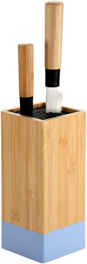 Knife block, material: bamboo, plastic, dimensions: 10 x 10 cm, height: 23 cm, colour: brown, blue, 58032