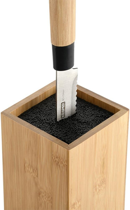 Knife block, material: bamboo, plastic, dimensions: 10 x 10 cm, height: 23 cm, colour: brown, blue, 58032