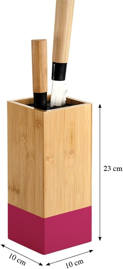 Knife block, material: bamboo, plastic, dimensions: 10 x 10 cm, height: 23 cm, colour: brown, blue, 58032