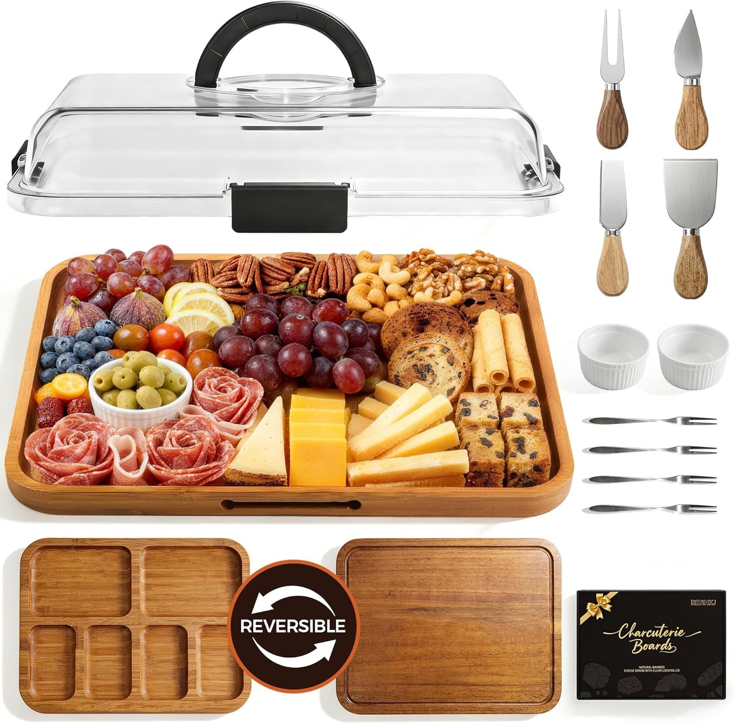 Charcuterie Board with Lid, Carbonized Bamboo, Knives Set and Bowls | Portable Double-Sided Locking Design, Cheese, veggie & Snack Serving Tray, Great for Picnics & Housewarming Gifts