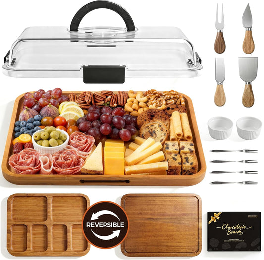 Charcuterie Board with Lid, Carbonized Bamboo, Knives Set and Bowls | Portable Double-Sided Locking Design, Cheese, veggie & Snack Serving Tray, Great for Picnics & Housewarming Gifts