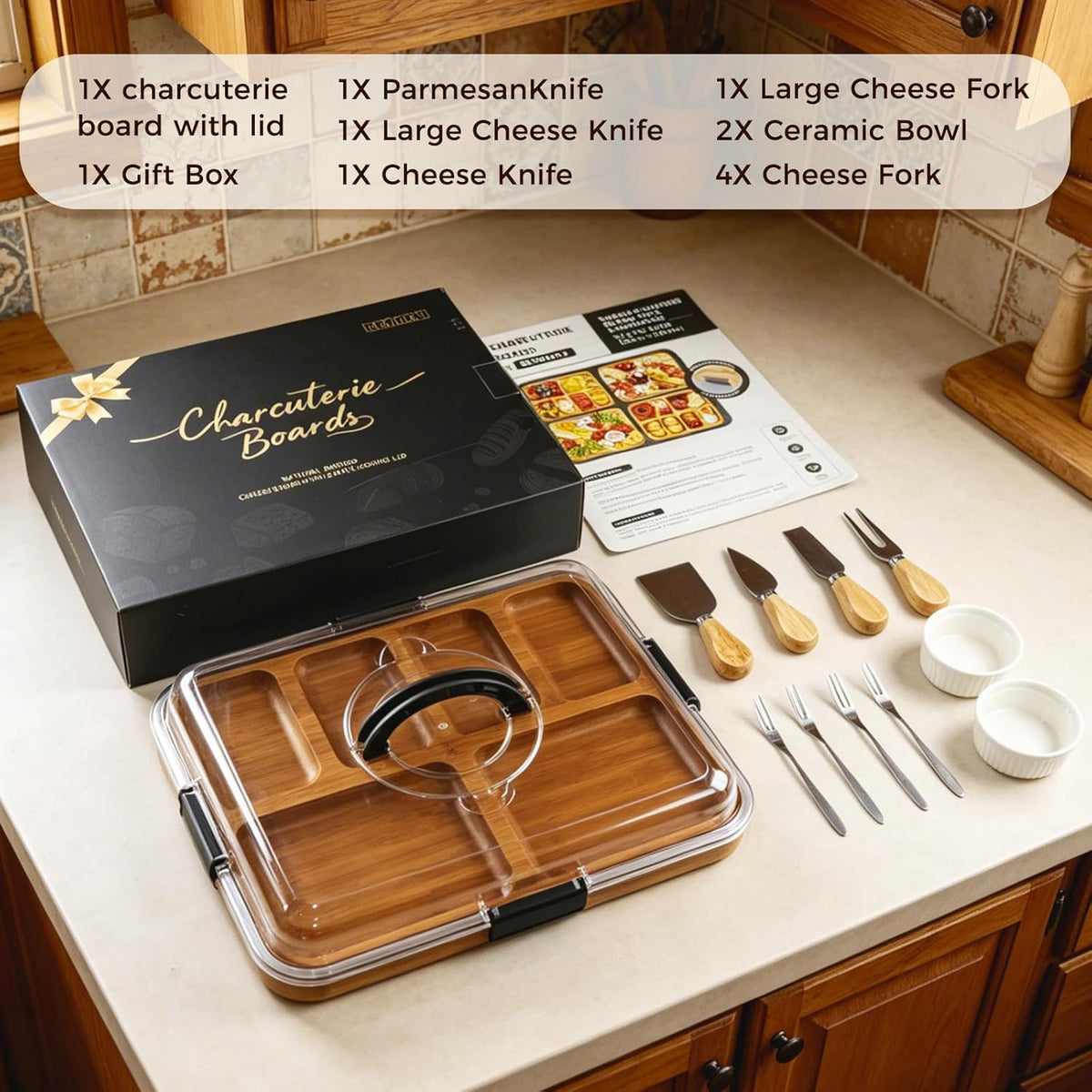 Charcuterie Board with Lid, Carbonized Bamboo, Knives Set and Bowls | Portable Double-Sided Locking Design, Cheese, veggie & Snack Serving Tray, Great for Picnics & Housewarming Gifts