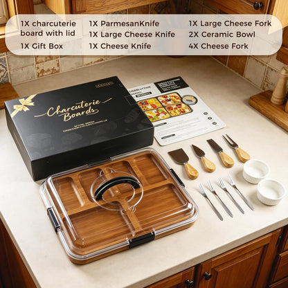 Charcuterie Board with Lid, Carbonized Bamboo, Knives Set and Bowls | Portable Double-Sided Locking Design, Cheese, veggie & Snack Serving Tray, Great for Picnics & Housewarming Gifts