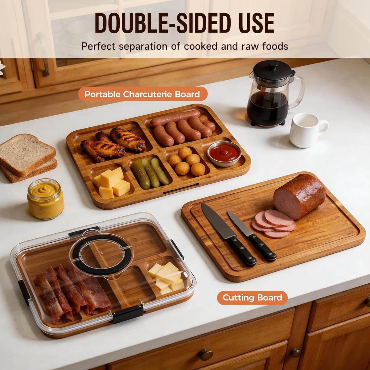 Charcuterie Board with Lid, Carbonized Bamboo, Knives Set and Bowls | Portable Double-Sided Locking Design, Cheese, veggie & Snack Serving Tray, Great for Picnics & Housewarming Gifts
