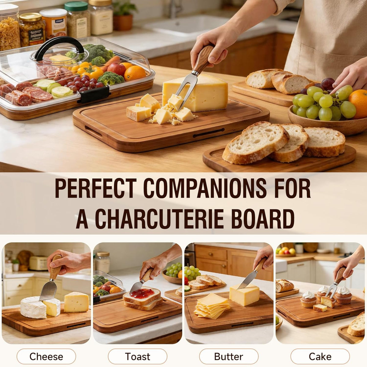 Charcuterie Board with Lid, Carbonized Bamboo, Knives Set and Bowls | Portable Double-Sided Locking Design, Cheese, veggie & Snack Serving Tray, Great for Picnics & Housewarming Gifts