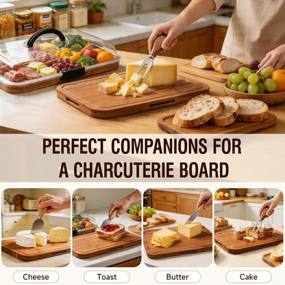 Charcuterie Board with Lid, Carbonized Bamboo, Knives Set and Bowls | Portable Double-Sided Locking Design, Cheese, veggie & Snack Serving Tray, Great for Picnics & Housewarming Gifts