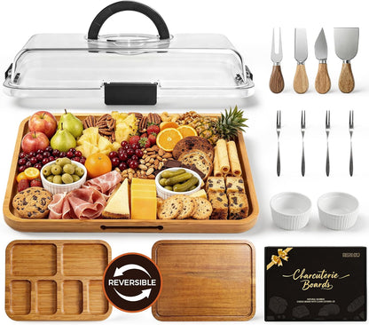 Charcuterie Board with Lid, Carbonized Bamboo, Knives Set and Bowls | Portable Double-Sided Locking Design, Cheese, veggie & Snack Serving Tray, Great for Picnics & Housewarming Gifts