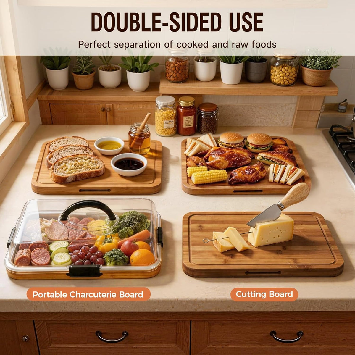 Charcuterie Board with Lid, Carbonized Bamboo, Knives Set and Bowls | Portable Double-Sided Locking Design, Cheese, veggie & Snack Serving Tray, Great for Picnics & Housewarming Gifts