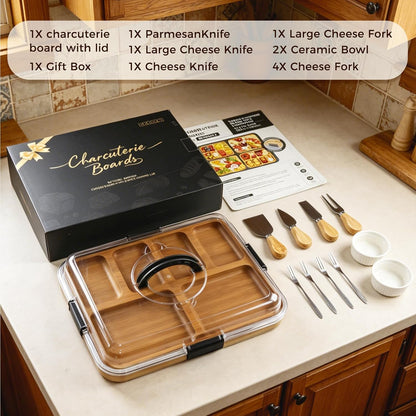 Charcuterie Board with Lid, Carbonized Bamboo, Knives Set and Bowls | Portable Double-Sided Locking Design, Cheese, veggie & Snack Serving Tray, Great for Picnics & Housewarming Gifts