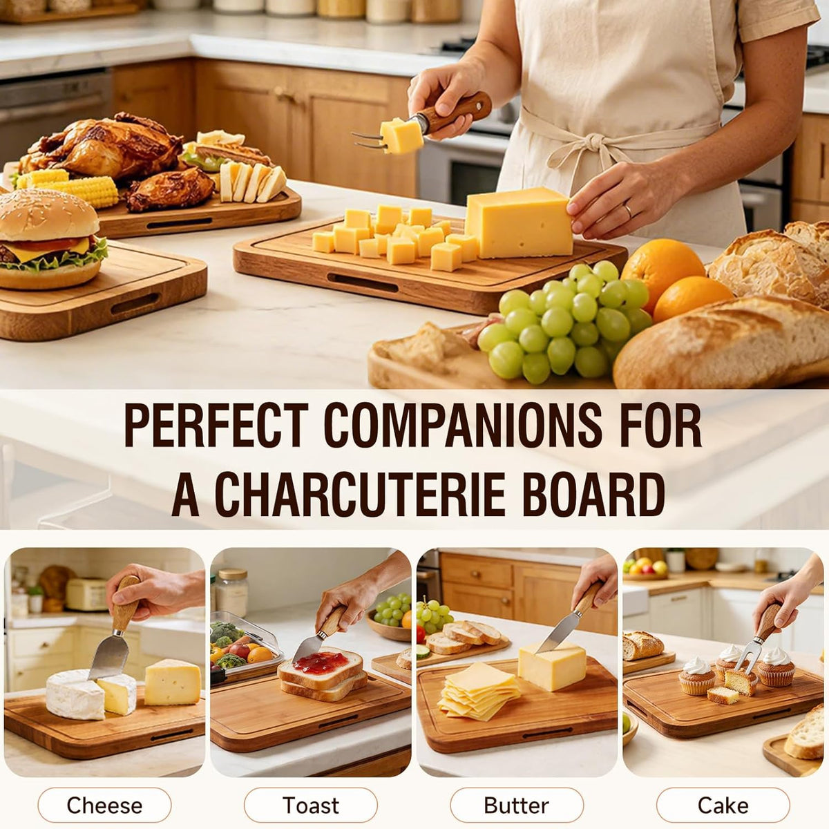 Charcuterie Board with Lid, Carbonized Bamboo, Knives Set and Bowls | Portable Double-Sided Locking Design, Cheese, veggie & Snack Serving Tray, Great for Picnics & Housewarming Gifts