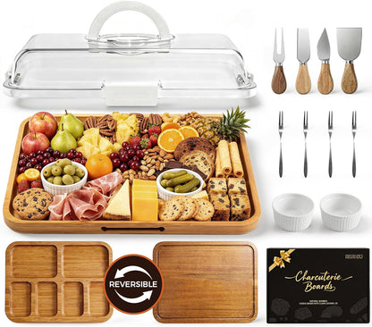 Charcuterie Board with Lid, Carbonized Bamboo, Knives Set and Bowls | Portable Double-Sided Locking Design, Cheese, veggie & Snack Serving Tray, Great for Picnics & Housewarming Gifts