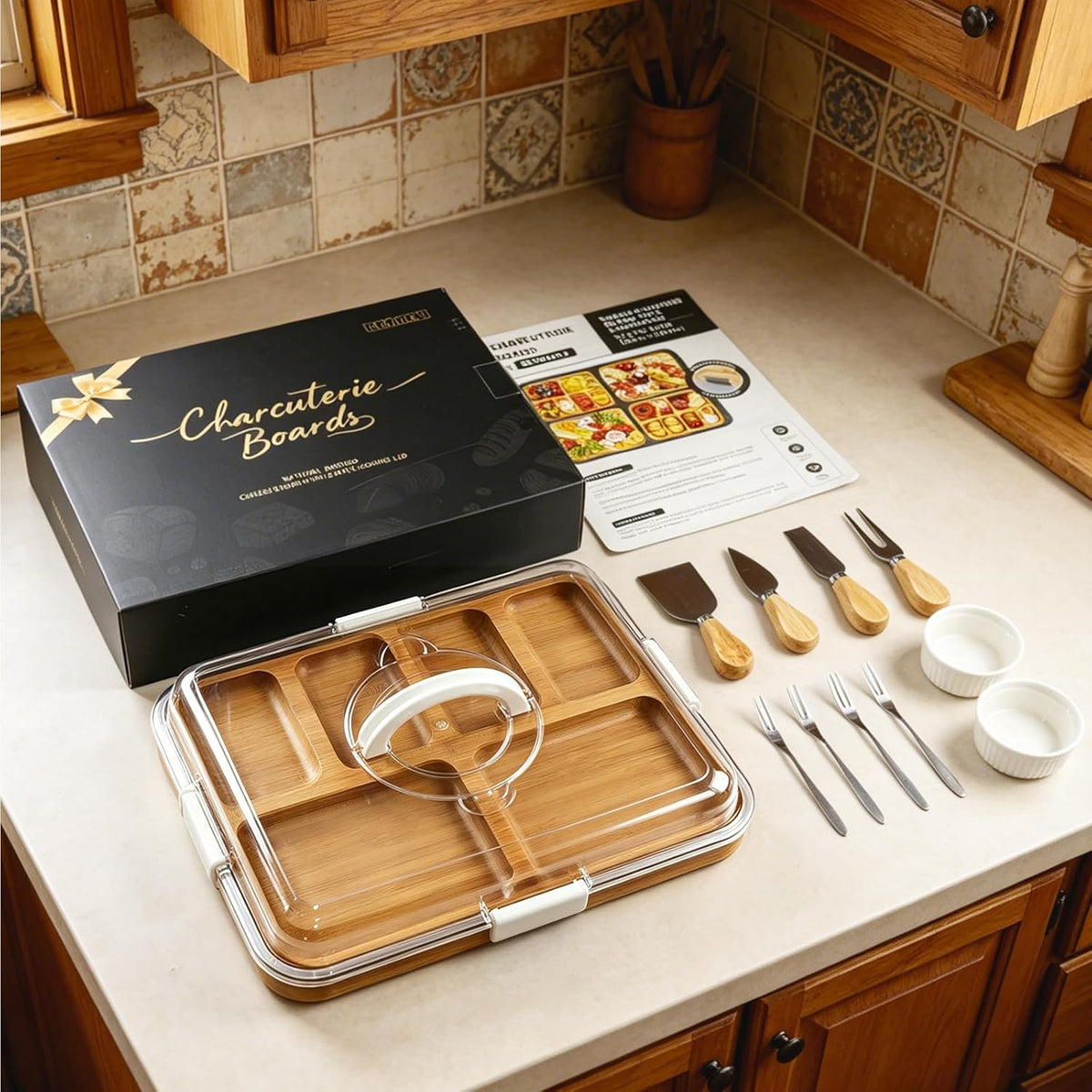 Charcuterie Board with Lid, Carbonized Bamboo, Knives Set and Bowls | Portable Double-Sided Locking Design, Cheese, veggie & Snack Serving Tray, Great for Picnics & Housewarming Gifts