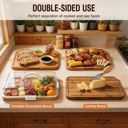 Charcuterie Board with Lid, Carbonized Bamboo, Knives Set and Bowls | Portable Double-Sided Locking Design, Cheese, veggie & Snack Serving Tray, Great for Picnics & Housewarming Gifts