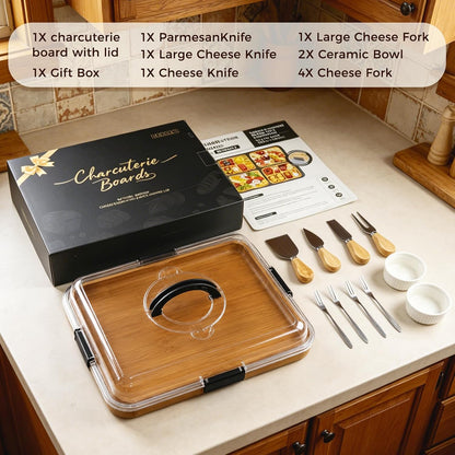 Charcuterie Board with Lid, Carbonized Bamboo, Knives Set and Bowls | Portable Double-Sided Locking Design, Cheese, veggie & Snack Serving Tray, Great for Picnics & Housewarming Gifts