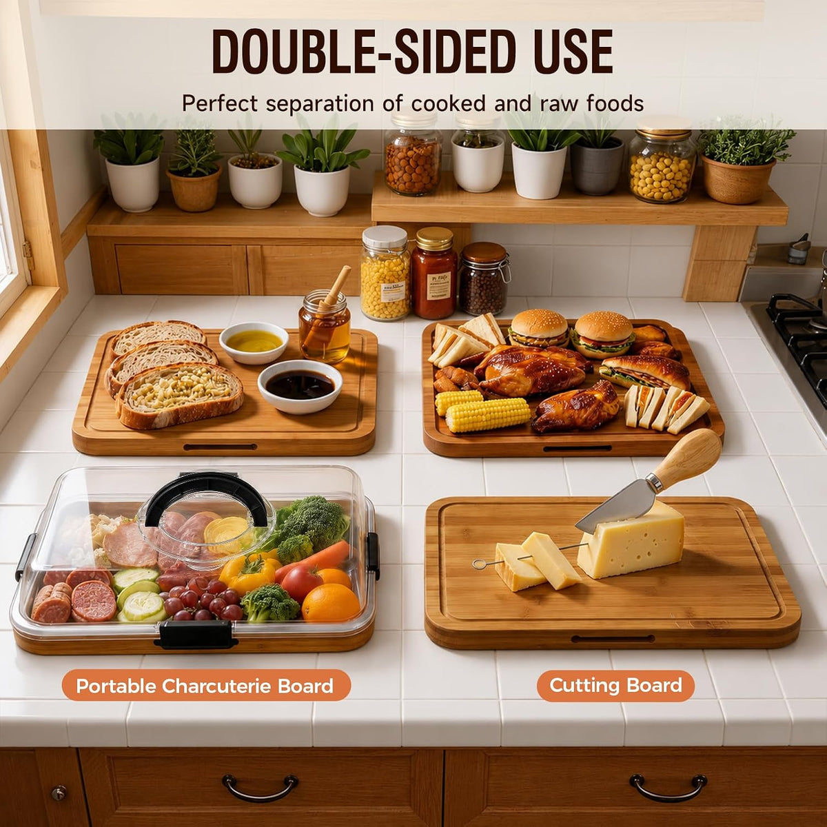 Charcuterie Board with Lid, Carbonized Bamboo, Knives Set and Bowls | Portable Double-Sided Locking Design, Cheese, veggie & Snack Serving Tray, Great for Picnics & Housewarming Gifts