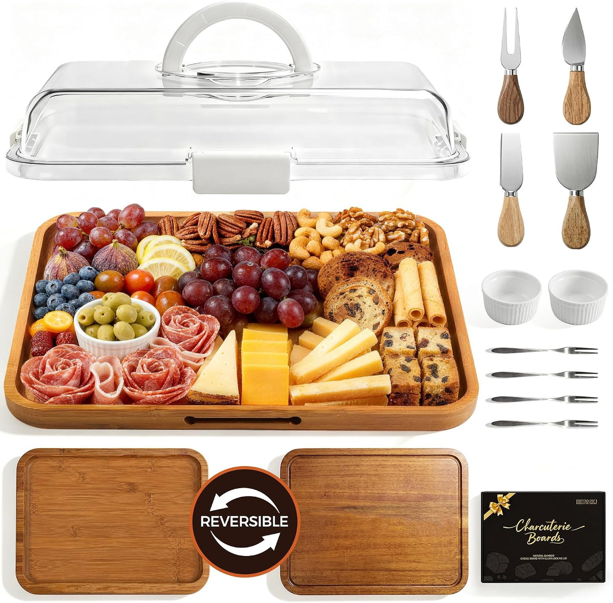 Charcuterie Board with Lid, Carbonized Bamboo, Knives Set and Bowls | Portable Double-Sided Locking Design, Cheese, veggie & Snack Serving Tray, Great for Picnics & Housewarming Gifts