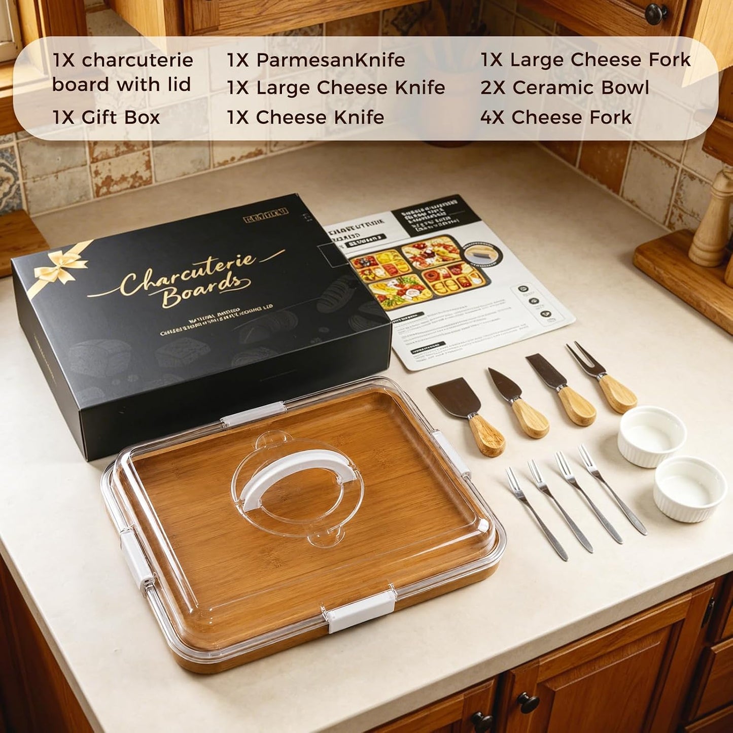 Charcuterie Board with Lid, Carbonized Bamboo, Knives Set and Bowls | Portable Double-Sided Locking Design, Cheese, veggie & Snack Serving Tray, Great for Picnics & Housewarming Gifts