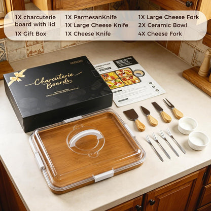 Charcuterie Board with Lid, Carbonized Bamboo, Knives Set and Bowls | Portable Double-Sided Locking Design, Cheese, veggie & Snack Serving Tray, Great for Picnics & Housewarming Gifts