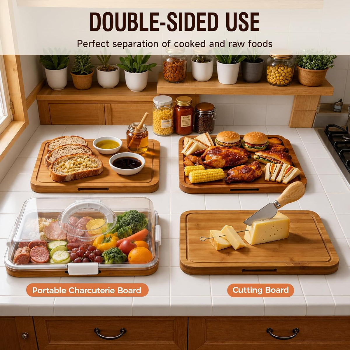 Charcuterie Board with Lid, Carbonized Bamboo, Knives Set and Bowls | Portable Double-Sided Locking Design, Cheese, veggie & Snack Serving Tray, Great for Picnics & Housewarming Gifts