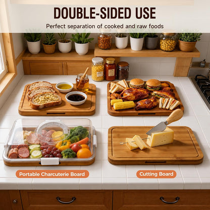 Charcuterie Board with Lid, Carbonized Bamboo, Knives Set and Bowls | Portable Double-Sided Locking Design, Cheese, veggie & Snack Serving Tray, Great for Picnics & Housewarming Gifts