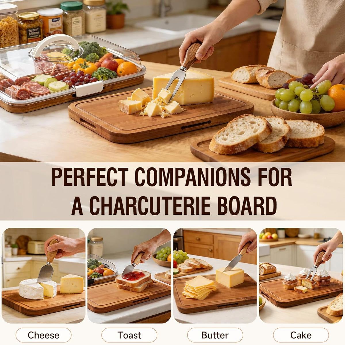 Charcuterie Board with Lid, Carbonized Bamboo, Knives Set and Bowls | Portable Double-Sided Locking Design, Cheese, veggie & Snack Serving Tray, Great for Picnics & Housewarming Gifts
