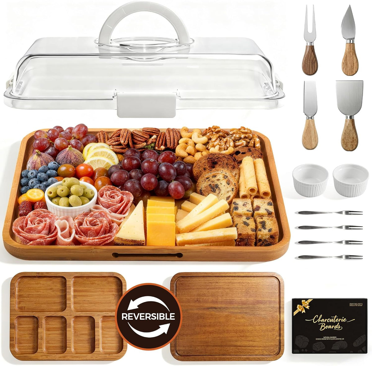 Charcuterie Board with Lid, Carbonized Bamboo, Knives Set and Bowls | Portable Double-Sided Locking Design, Cheese, veggie & Snack Serving Tray, Great for Picnics & Housewarming Gifts