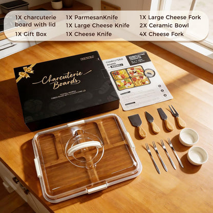 Charcuterie Board with Lid, Carbonized Bamboo, Knives Set and Bowls | Portable Double-Sided Locking Design, Cheese, veggie & Snack Serving Tray, Great for Picnics & Housewarming Gifts
