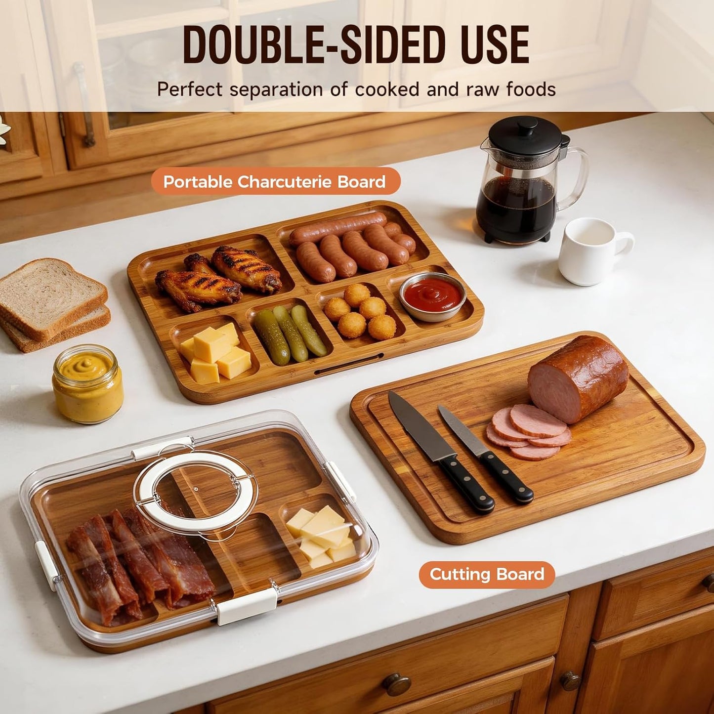 Charcuterie Board with Lid, Carbonized Bamboo, Knives Set and Bowls | Portable Double-Sided Locking Design, Cheese, veggie & Snack Serving Tray, Great for Picnics & Housewarming Gifts