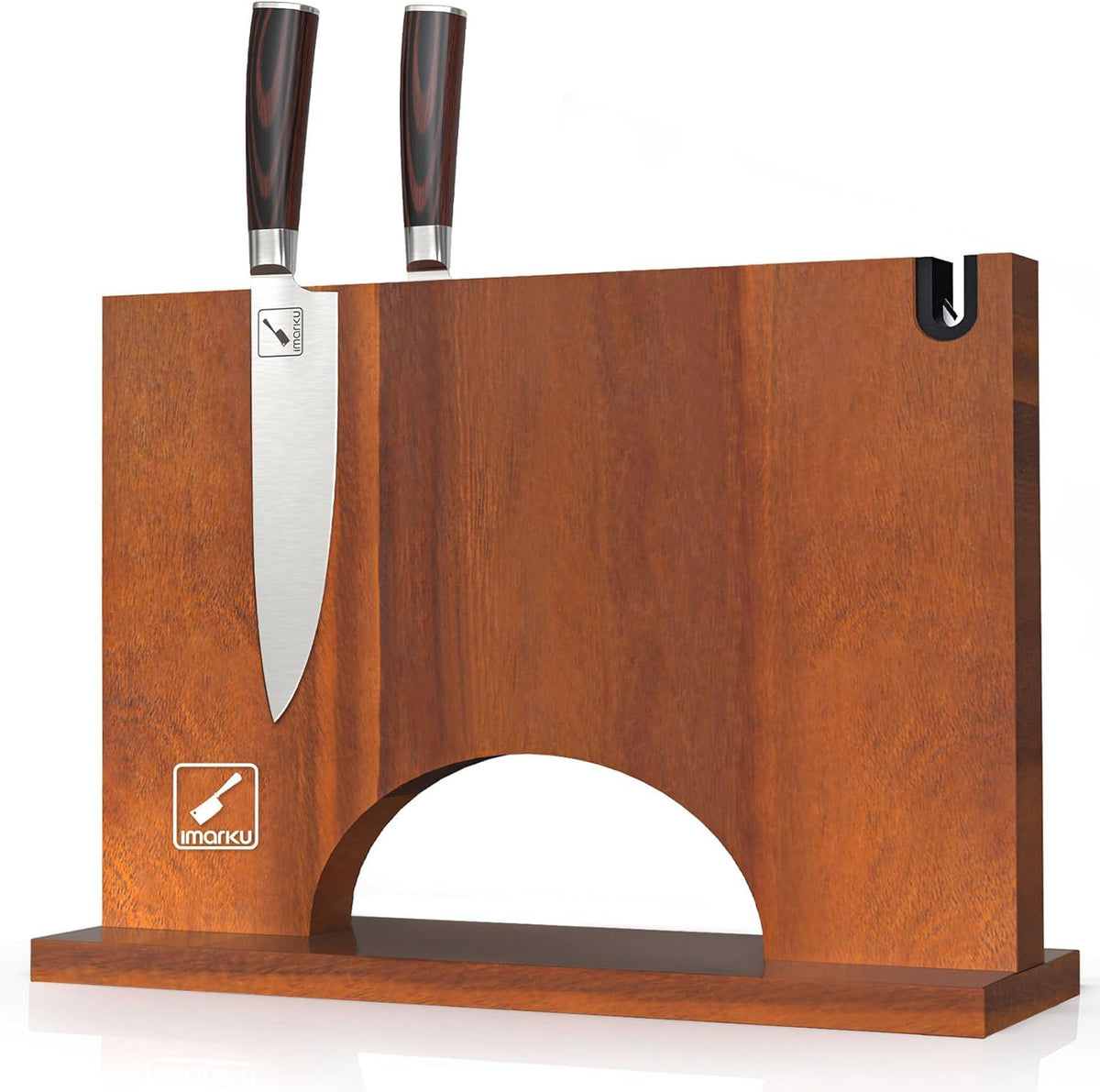 Magnetic Knife Block with Built-in Handle, Double Sided Acacia Wood Magnetic Knife Holder for Kitchen Counter, Magnetic Knife Storage Stand with Knife Sharpener, Easy to Clean & Move