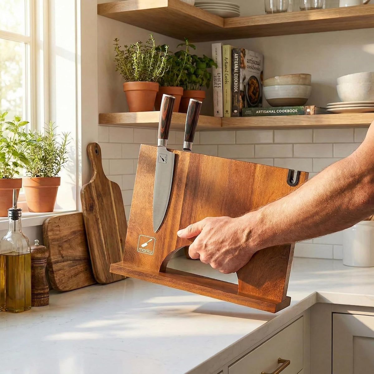 Magnetic Knife Block with Built-in Handle, Double Sided Acacia Wood Magnetic Knife Holder for Kitchen Counter, Magnetic Knife Storage Stand with Knife Sharpener, Easy to Clean & Move
