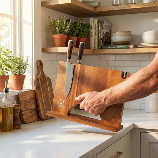 Magnetic Knife Block with Built-in Handle, Double Sided Acacia Wood Magnetic Knife Holder for Kitchen Counter, Magnetic Knife Storage Stand with Knife Sharpener, Easy to Clean & Move