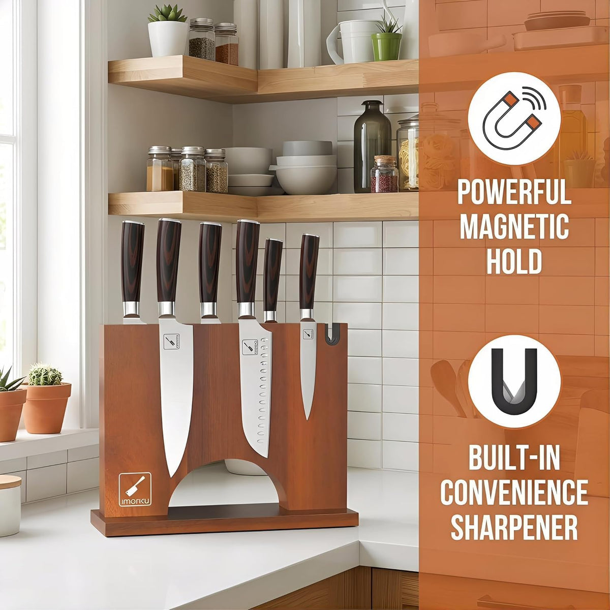 Magnetic Knife Block with Built-in Handle, Double Sided Acacia Wood Magnetic Knife Holder for Kitchen Counter, Magnetic Knife Storage Stand with Knife Sharpener, Easy to Clean & Move